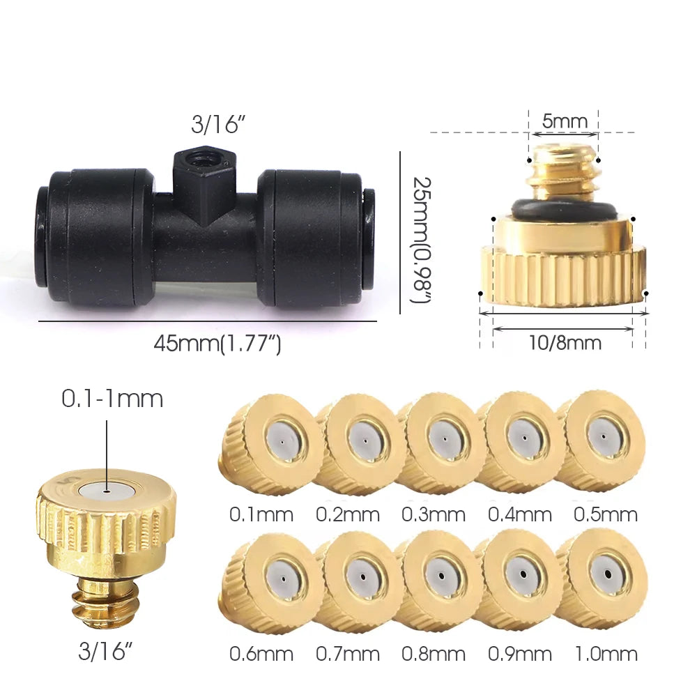 0.1-1mm Brass Spray Nozzle W/Tee Quick Connecotor for Garden Patio OD-8mm PE Hose Misting Cooling System Fog Sprinklers Atomizer