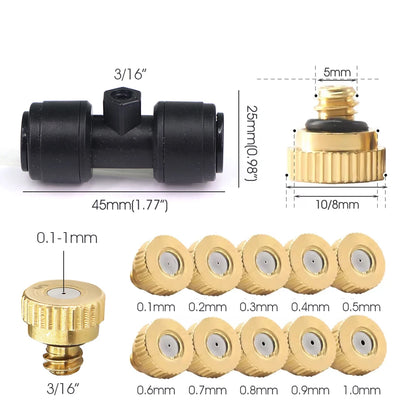 0.1-1mm Brass Spray Nozzle W/Tee Quick Connecotor for Garden Patio OD-8mm PE Hose Misting Cooling System Fog Sprinklers Atomizer
