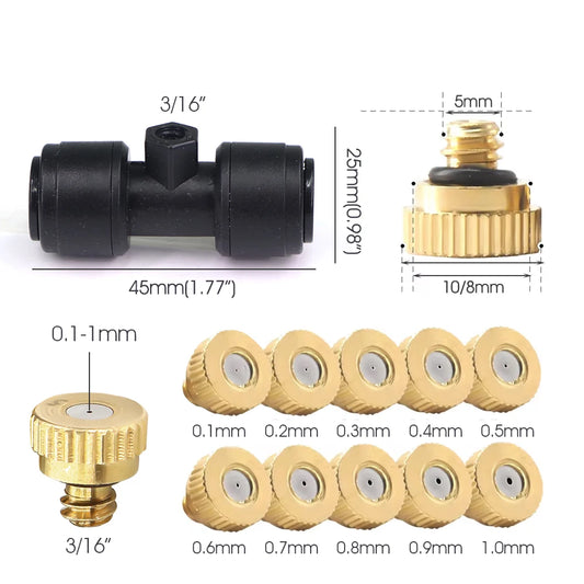 0.1-1mm Brass Spray Nozzle W/Tee Quick Connecotor for Garden Patio OD-8mm PE Hose Misting Cooling System Fog Sprinklers Atomizer
