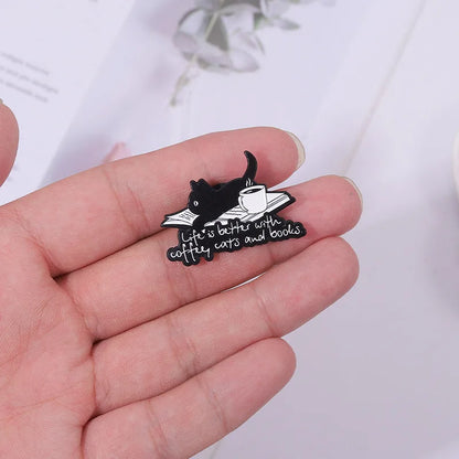 Cute Books Enamel Brooch Dog Flowers Coffee Cup Black Cat Reading Books Cartoon Badges Punk Clothing Lapel Pins Jewelry Gift New