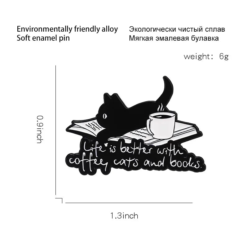 Cute Books Enamel Brooch Dog Flowers Coffee Cup Black Cat Reading Books Cartoon Badges Punk Clothing Lapel Pins Jewelry Gift New