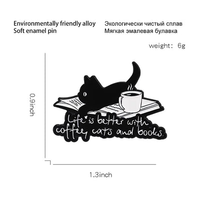 Cute Books Enamel Brooch Dog Flowers Coffee Cup Black Cat Reading Books Cartoon Badges Punk Clothing Lapel Pins Jewelry Gift New