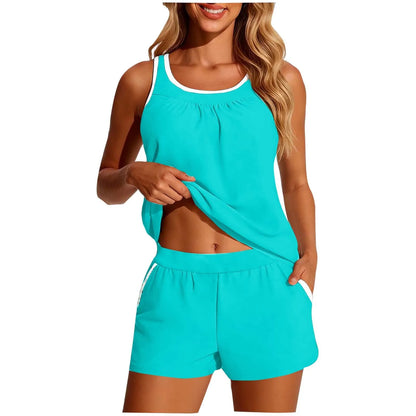 Women's 2-piece Swimwear Sleeveless Cropped Tankini Top Solid Color Two Piece Swim Tank White Trim Loose Fit Bandeau Set