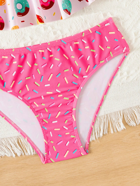 Donut Print Ruffle Girls 2 Piece Bikini Set Adjustable Cute Bathing Suit Kids Summer Beach Outdoor Pool Vacation Swimwear
