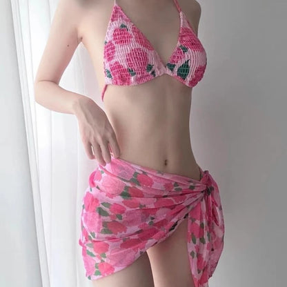 New Fashion Ribbed Floral Bikini Set for Small Chest Adjustable Tie Side Swimwear Women Summer Beach Bikinis