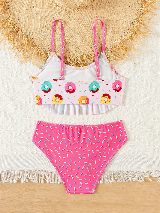 Donut Print Ruffle Girls 2 Piece Bikini Set Adjustable Cute Bathing Suit Kids Summer Beach Outdoor Pool Vacation Swimwear