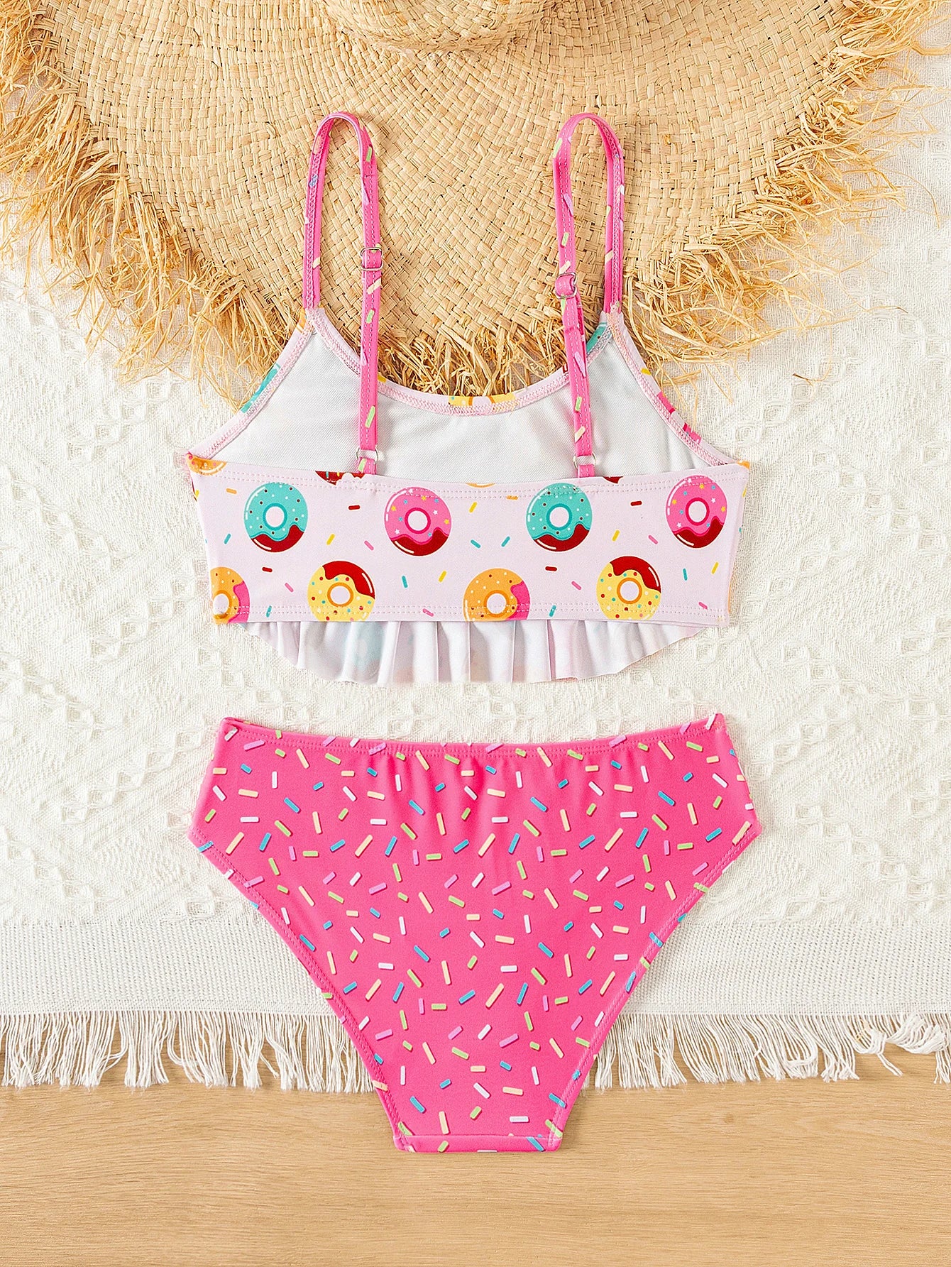 Donut Print Ruffle Girls 2 Piece Bikini Set Adjustable Cute Bathing Suit Kids Summer Beach Outdoor Pool Vacation Swimwear