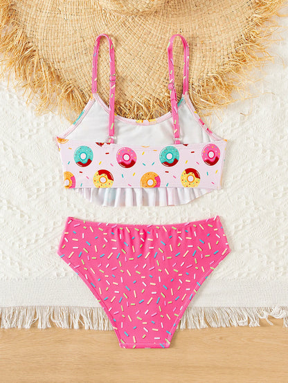 Donut Print Ruffle Girls 2 Piece Bikini Set Adjustable Cute Bathing Suit Kids Summer Beach Outdoor Pool Vacation Swimwear