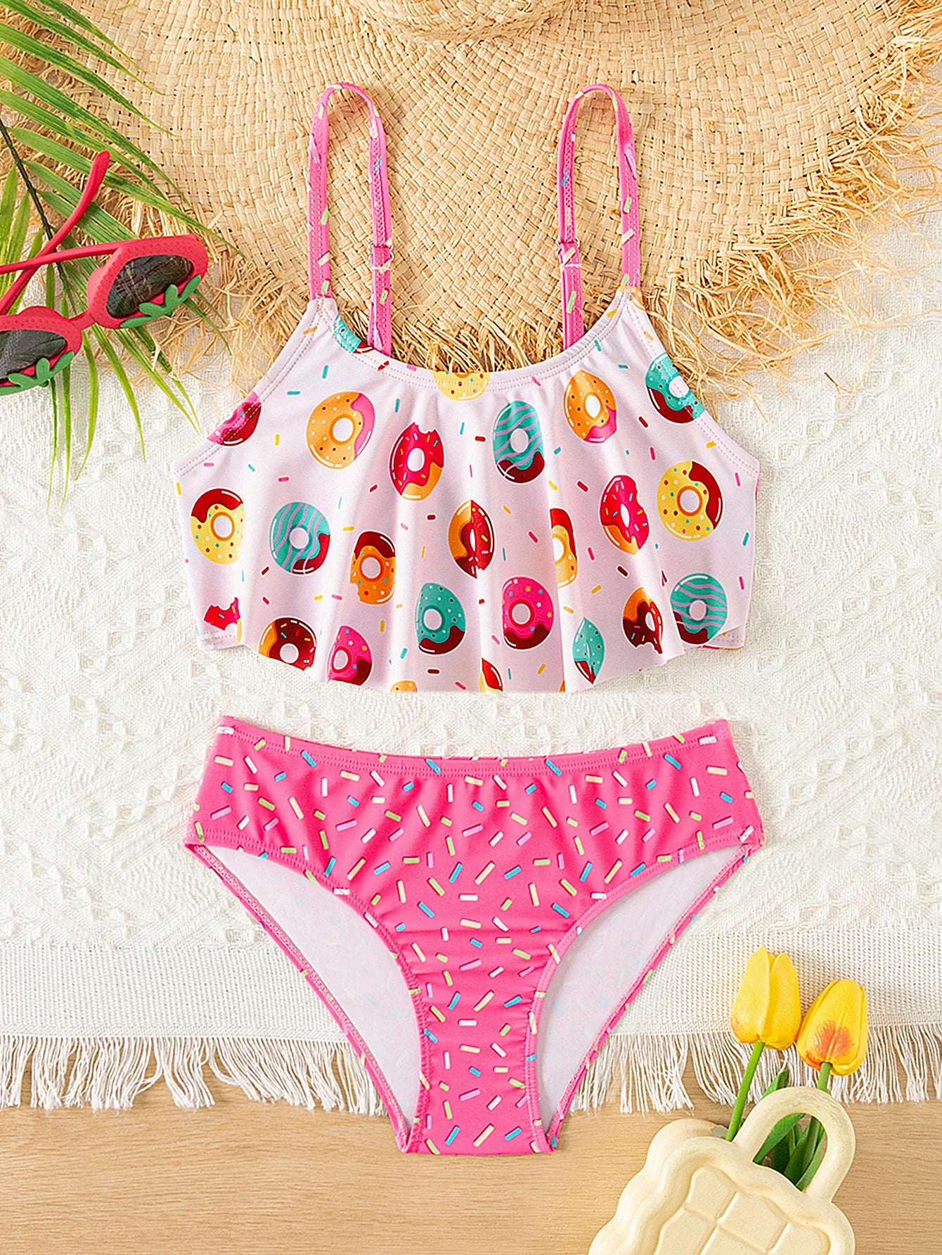 Donut Print Ruffle Girls 2 Piece Bikini Set Adjustable Cute Bathing Suit Kids Summer Beach Outdoor Pool Vacation Swimwear