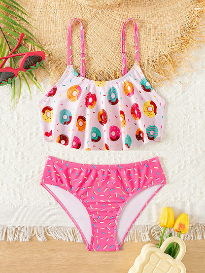 Donut Print Ruffle Girls 2 Piece Bikini Set Adjustable Cute Bathing Suit Kids Summer Beach Outdoor Pool Vacation Swimwear