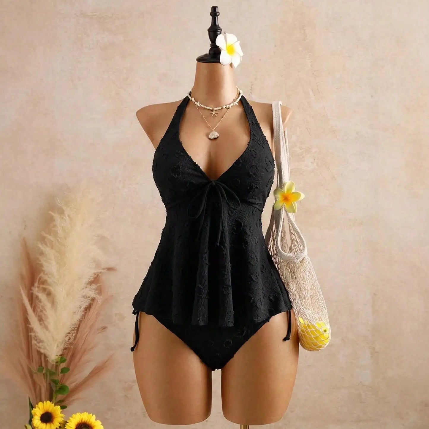 Womens Halter Peplum Bikini Set Textured Tie Front Swimsuit Two Piece Bathing Suit Beachwear Summer Vacation Swimwear
