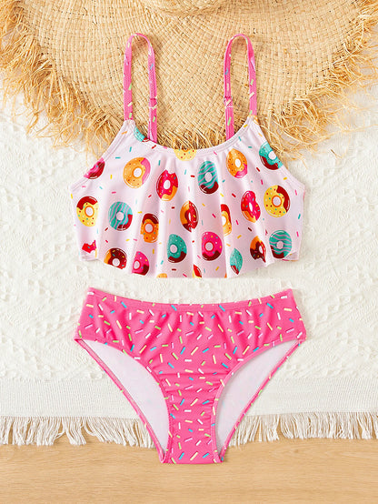 Donut Print Ruffle Girls 2 Piece Bikini Set Adjustable Cute Bathing Suit Kids Summer Beach Outdoor Pool Vacation Swimwear