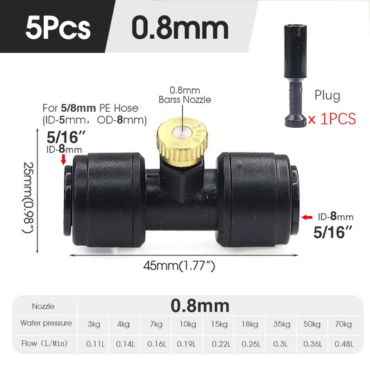 0.1-1mm Brass Spray Nozzle W/Tee Quick Connecotor for Garden Patio OD-8mm PE Hose Misting Cooling System Fog Sprinklers Atomizer