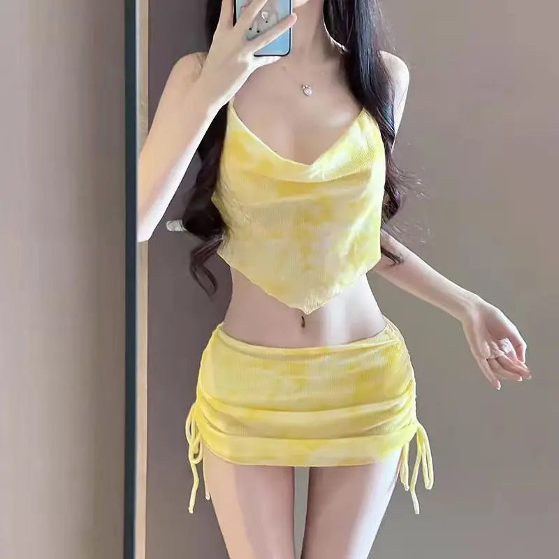 Summer Women Macaron Tie Dye Bikini Sets Backless Swimwear Drawstring Bandage Flattering Female Beachwear Holiday Outfits
