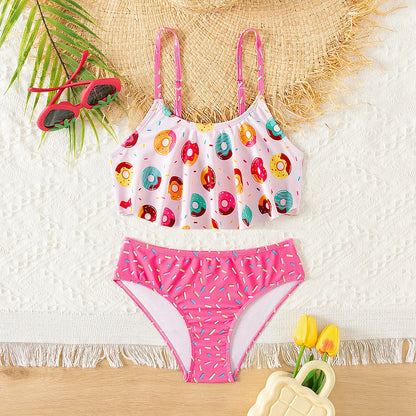 Donut Print Ruffle Girls 2 Piece Bikini Set Adjustable Cute Bathing Suit Kids Summer Beach Outdoor Pool Vacation Swimwear