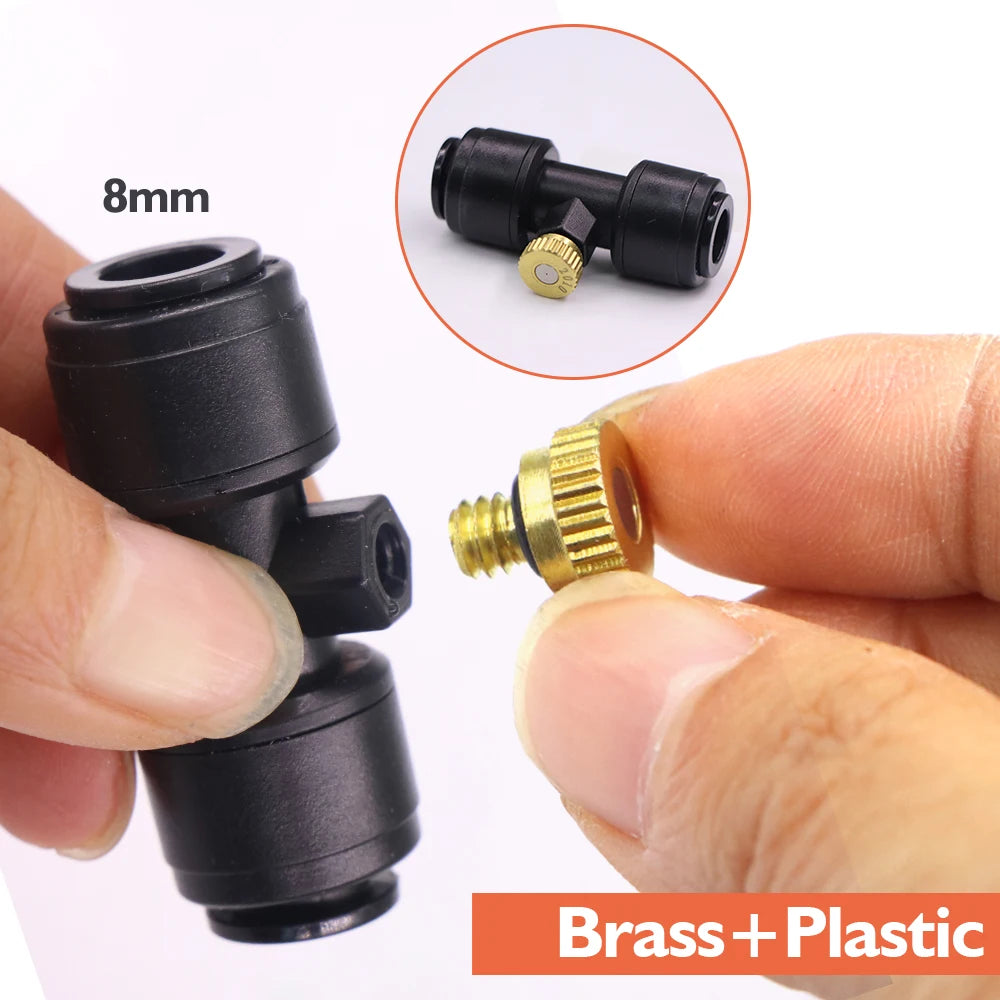 0.1-1mm Brass Spray Nozzle W/Tee Quick Connecotor for Garden Patio OD-8mm PE Hose Misting Cooling System Fog Sprinklers Atomizer