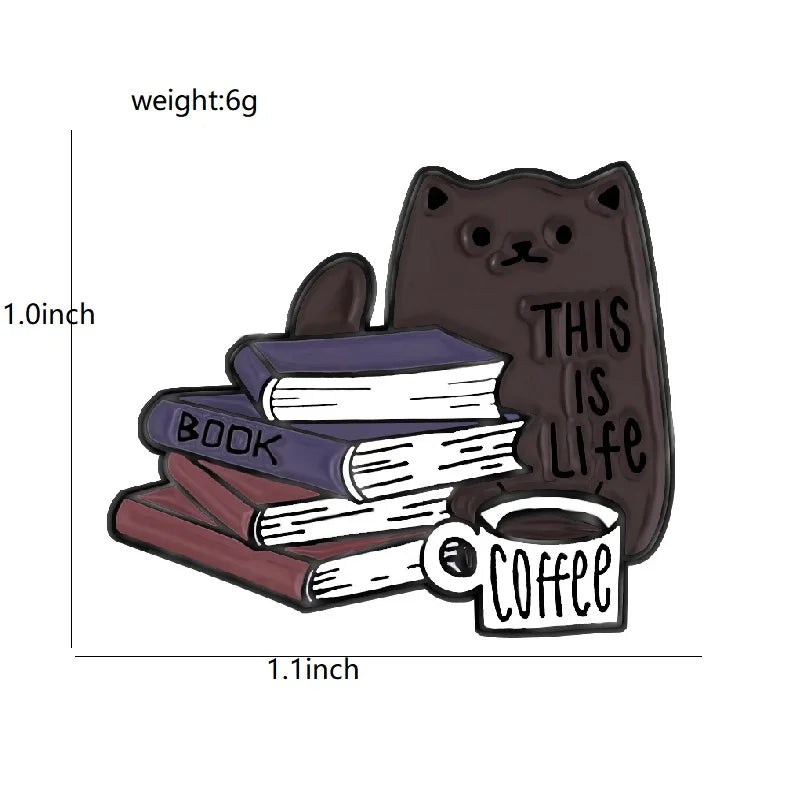 Cute Books Enamel Brooch Dog Flowers Coffee Cup Black Cat Reading Books Cartoon Badges Punk Clothing Lapel Pins Jewelry Gift New