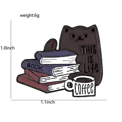 Cute Books Enamel Brooch Dog Flowers Coffee Cup Black Cat Reading Books Cartoon Badges Punk Clothing Lapel Pins Jewelry Gift New