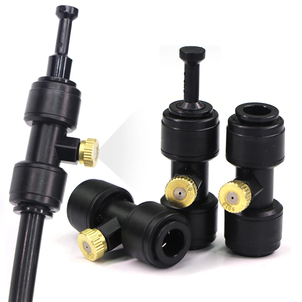 0.1-1mm Brass Spray Nozzle W/Tee Quick Connecotor for Garden Patio OD-8mm PE Hose Misting Cooling System Fog Sprinklers Atomizer