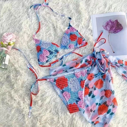 New Fashion Ribbed Floral Bikini Set for Small Chest Adjustable Tie Side Swimwear Women Summer Beach Bikinis
