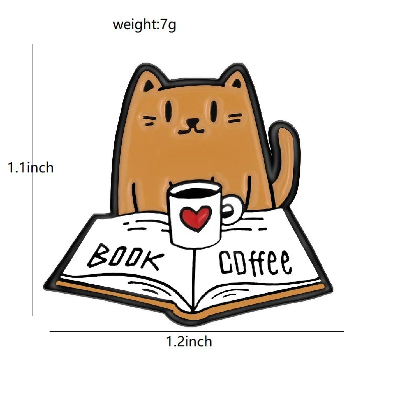 Cute Books Enamel Brooch Dog Flowers Coffee Cup Black Cat Reading Books Cartoon Badges Punk Clothing Lapel Pins Jewelry Gift New