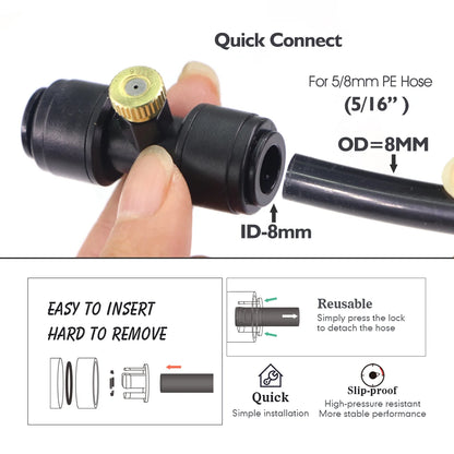 0.1-1mm Brass Spray Nozzle W/Tee Quick Connecotor for Garden Patio OD-8mm PE Hose Misting Cooling System Fog Sprinklers Atomizer