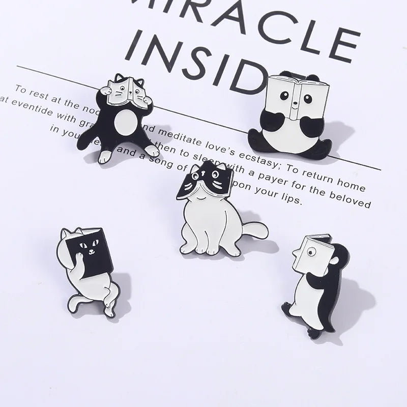 Cute Books Enamel Brooch Dog Flowers Coffee Cup Black Cat Reading Books Cartoon Badges Punk Clothing Lapel Pins Jewelry Gift New